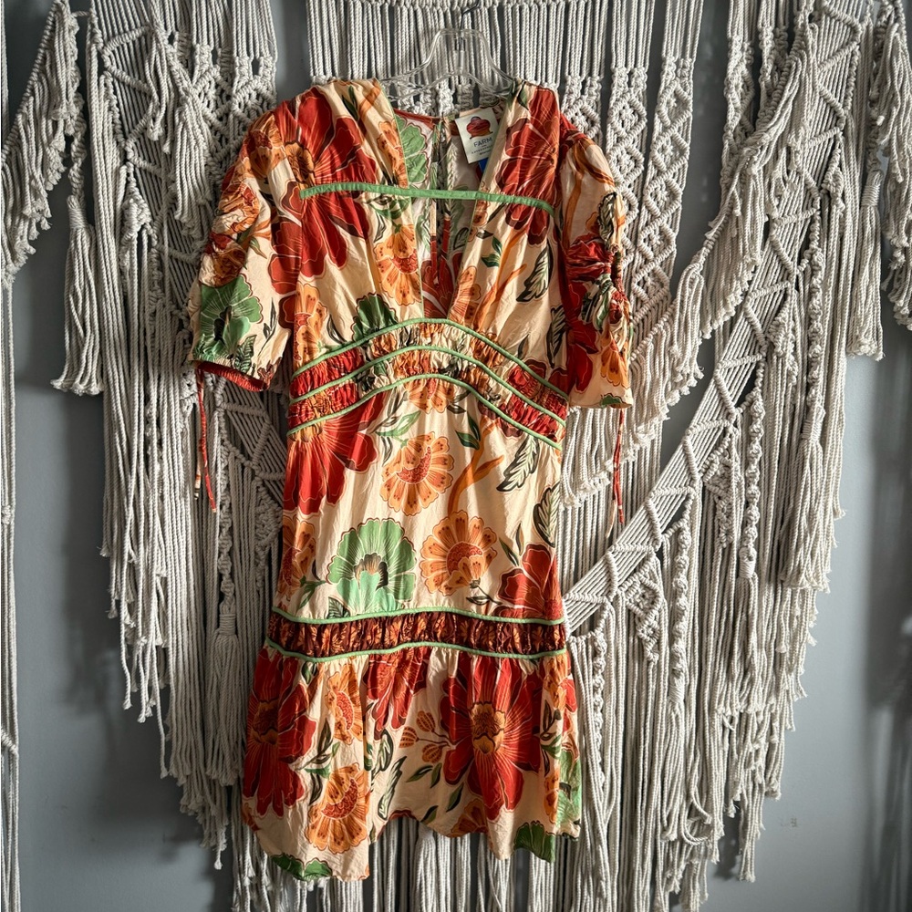 FARM Rio Rio Tiles Mini Dress with a floral and tile-inspired print